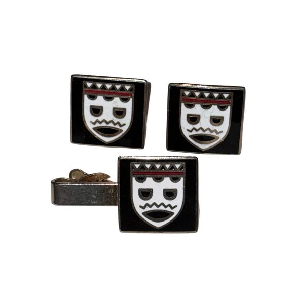 MCM Swank Tribal Face Suit Cuff Links & Tie Clip Vintage Set - Picture 1 of 8